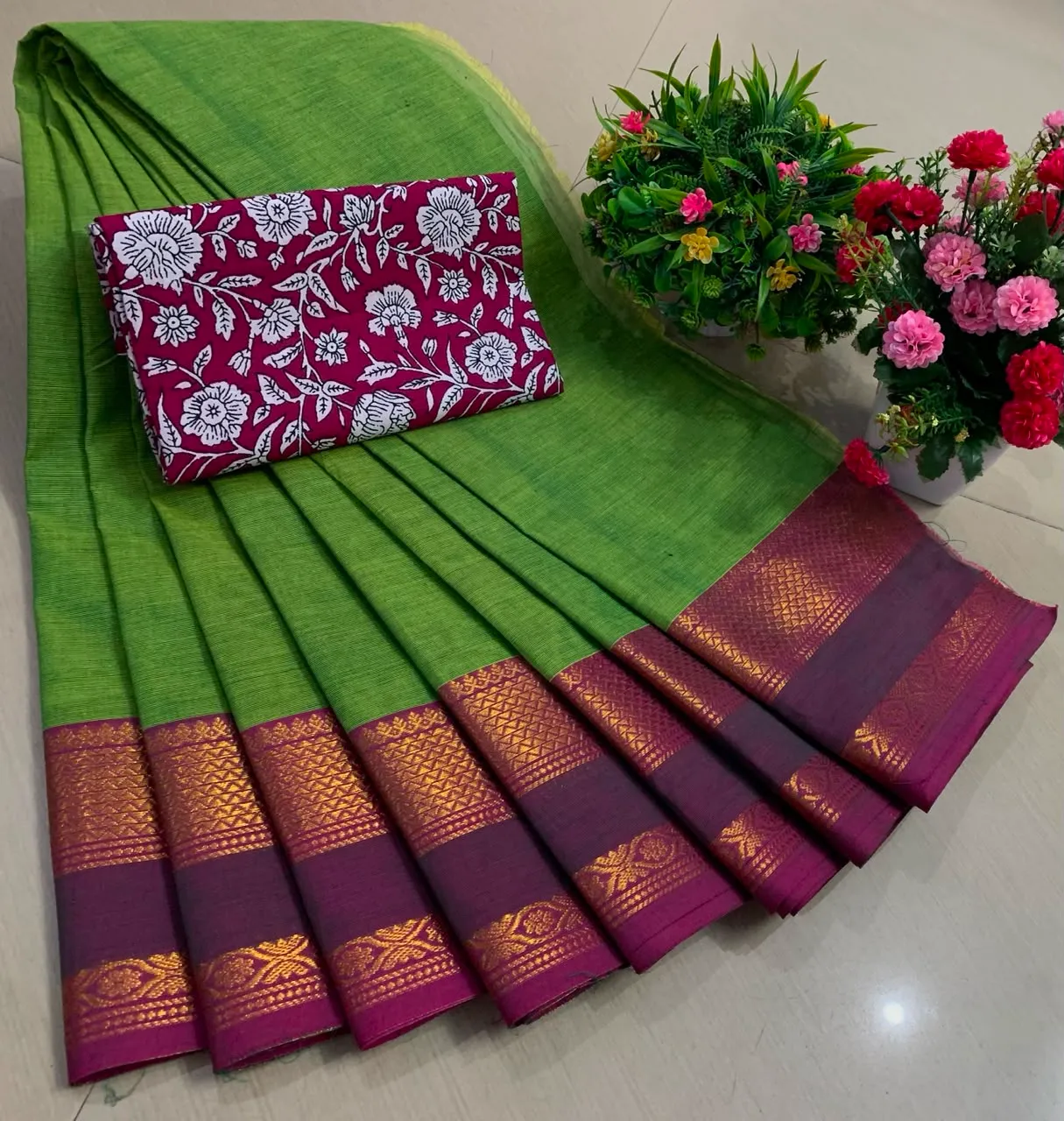 Parrot Green Chettinadu Pure Cotton Saree with Kalamkari Blouse